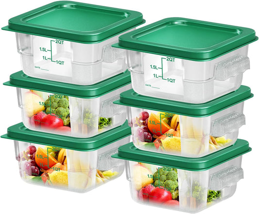 FeyBuosk 6 pcs 2qt Food Storage Containers with Lid, Square Clear Commercial Storage Containers with Handle and Scale for Food Storage in Home Kitchen & Dining (Green)