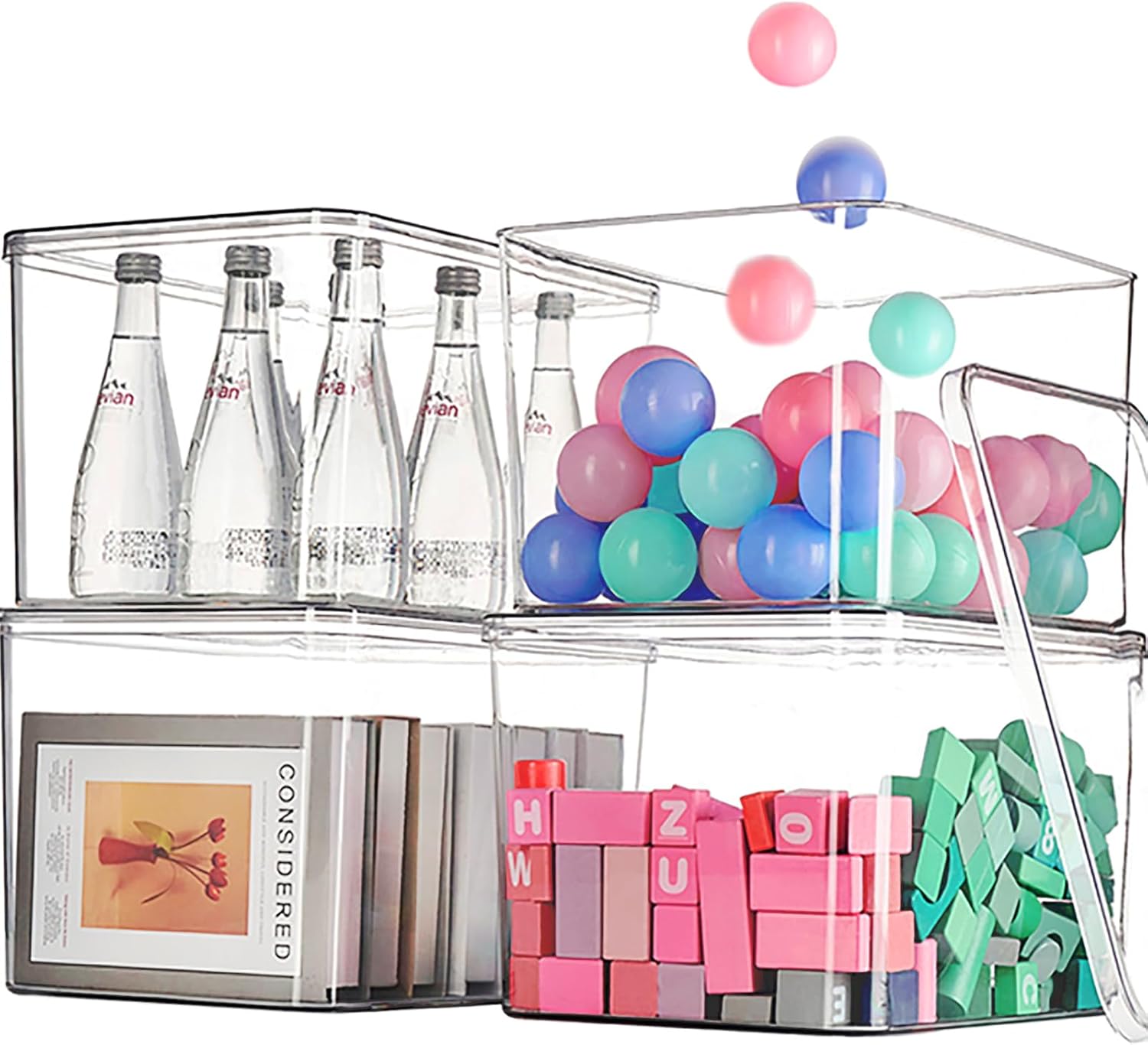 GUMEIGODA Clear plastic storage bins with LIDS-4packs,storage containers for snacks, cosmetics, books, dog food, Storage Organizer for Nursery，Kitchen, Living room,Bedroom, Bathroom, Office