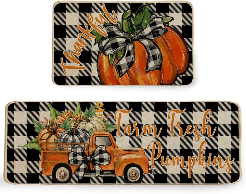 ARKENY Pumpkin Truck Fall Kitchen Rugs Set of 2, Black and White Plaid Seasonal Decorative Kitchen Mats for Floor,Autumn Thanksgiving Non-Slip Absorbent Rug and Door Mats-17x29 and 17x47 Inch-AKM079