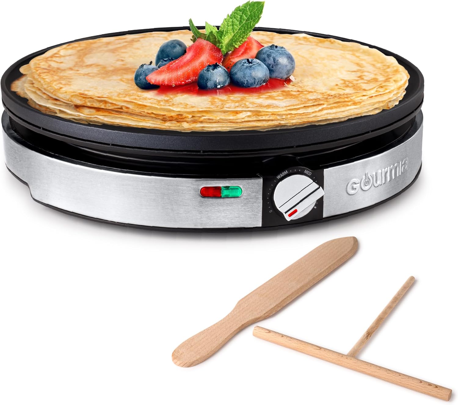 Gourmia 12” Crepe Maker – Nonstick Electric Griddle for Pancakes, Omelets & More, Precise Temp Control with Indicator Lights, Includes Spatula & Batter Spreader, Quick Cleanup, Stainless Steel Trim