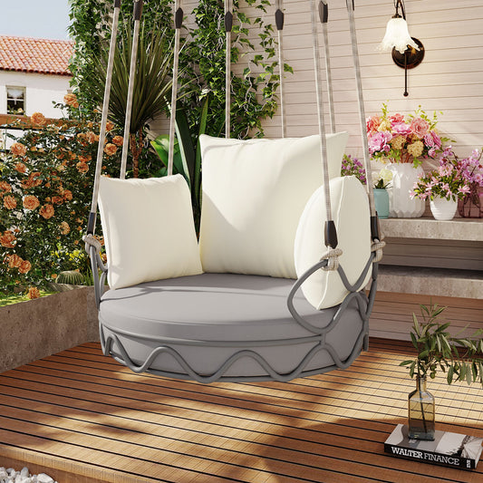 AAZJ Patio Swing Chair Beige Iron Frame Hanging Chaise Lounge Chair with Beige Cushioned Seat