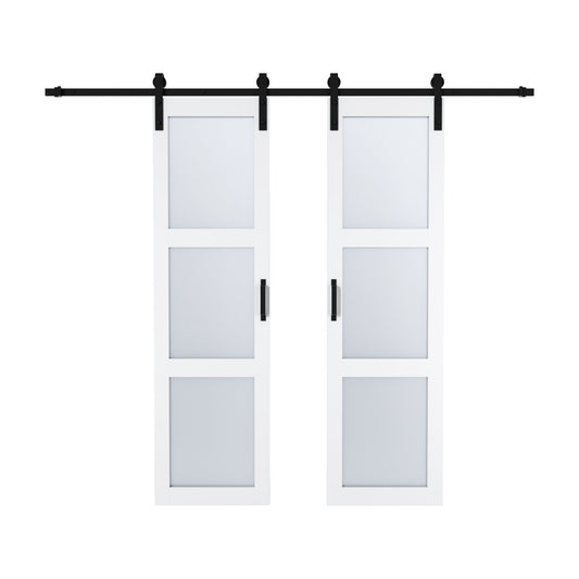 JUJUBON 36-in x 84-in White Primed Square Frosted glass MDF Solid core Double Barn Door (Hardware Included)