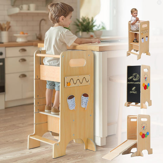 Toddler Tower 4-in-1 Multifunctional Kitchen Stool Helper with Removable Safety Board, Adjustable Heights, Slide, Highchair, Chalkboard, Montessori Games