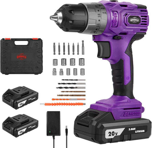 Brushless Cordless Drill Set, 20V Compact Power Driver, Purple Electric Motor, 20+3 Torque Setting, 48 N.m, 2 Variable Speed, 23pcs Driver Bits, With Tool Box