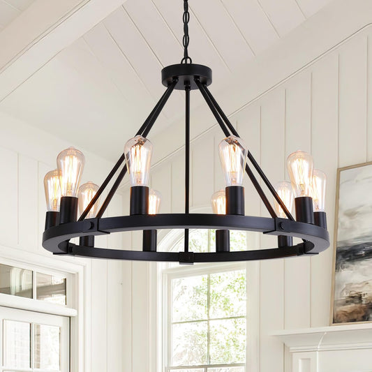 9MMML 10 Lights Wagon Wheel Chandelier, Black Round Globe Wrought Iron Pendant Lights for Dinging&Living Room Kitchen Island Porch Enteyway Hallway,Dia26.4,E26 Bulbs, Heights Adjustable