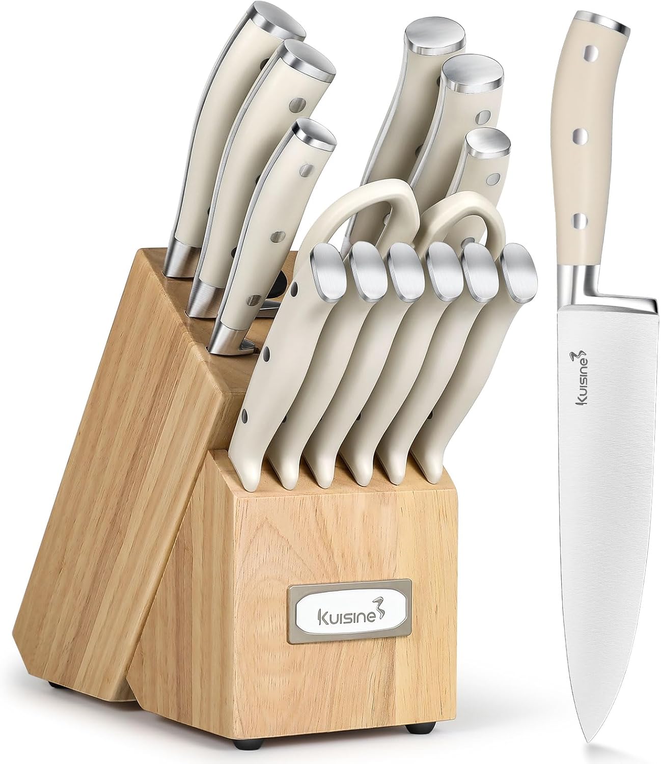Kuisine Premium Sharp Knife Set,High Carbon Stainless Steel Ergonomic Handle,Knife Block Set with Built-in Sharpener(15PCS,Ivory)