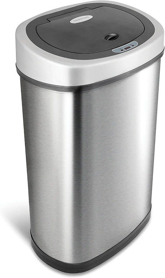NINESTARS DZT-50-9 Automatic Touchless Infrared Motion Sensor Trash Can, 13 Gal 50L, Stainless Steel Base (Oval, Silver\/Black Lid)