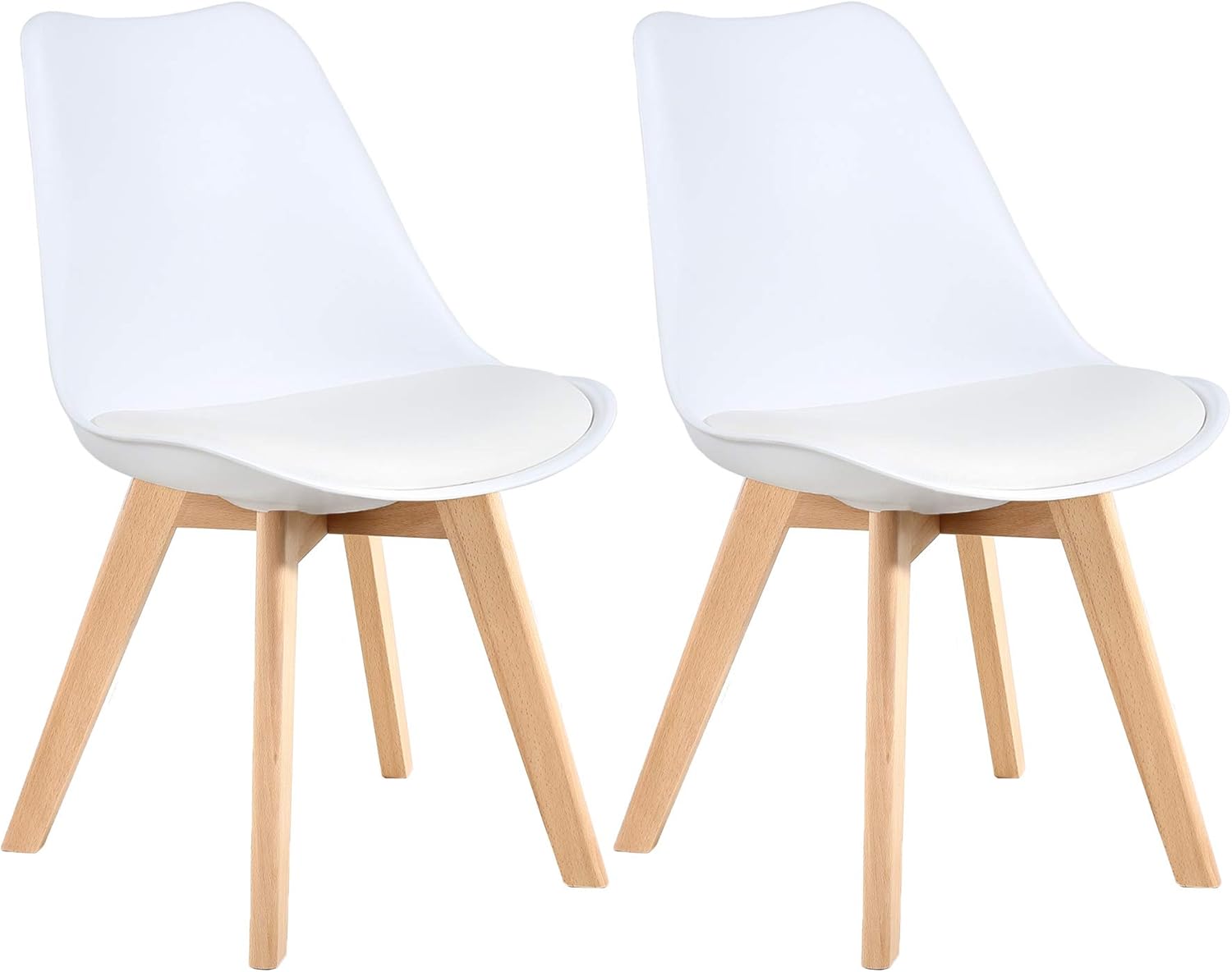 LSSBOUGHT Mid Century Modern Dining Chairs,Shell Lounge Plastic Side Chair with Soft Padded and Wooden Legs for Dining Room Living Room Bedroom Kitchen Set of 2 (White)