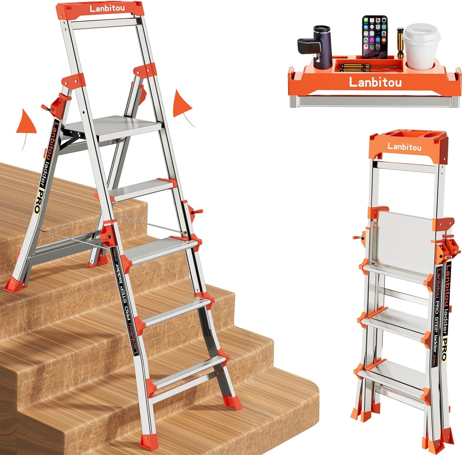 Ladder, Aluminum 5 Step Ladder with Handrails, Anti-Slip Wide Pedal, Tool Platform, Folding Step Stool Step Ladder for Stairs Home Outdoor Work, Lightweight-Portable, 330lbs-Capacity,