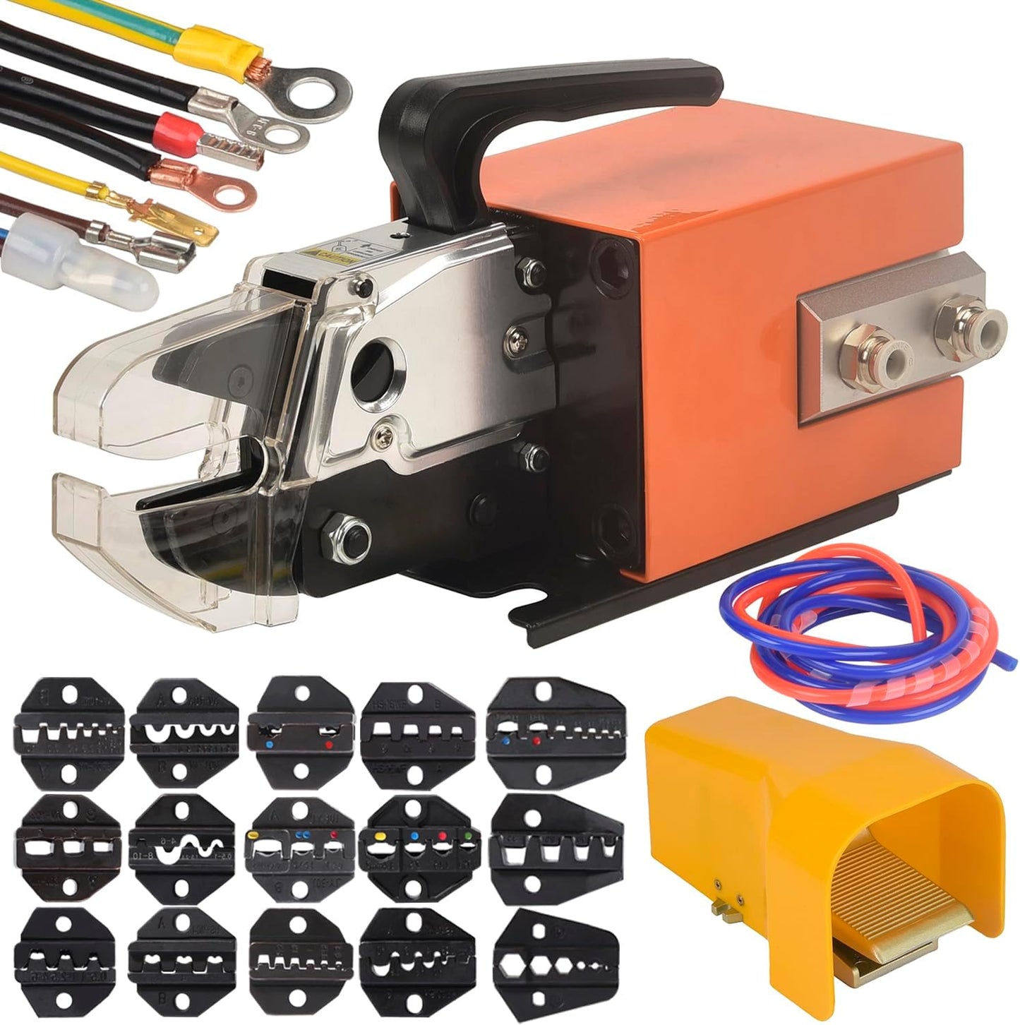 Pneumatic Crimping Tool Air Powered Wire Machine Up To Crimper Plier 15 Sets Dies Many Kinds Terminals Am-10 Orange Die 1.3T Powerful Output 0.5-0.7Mpa Max 1.0Mpa 6 Feet Hose Fit 0.5-16mm²
