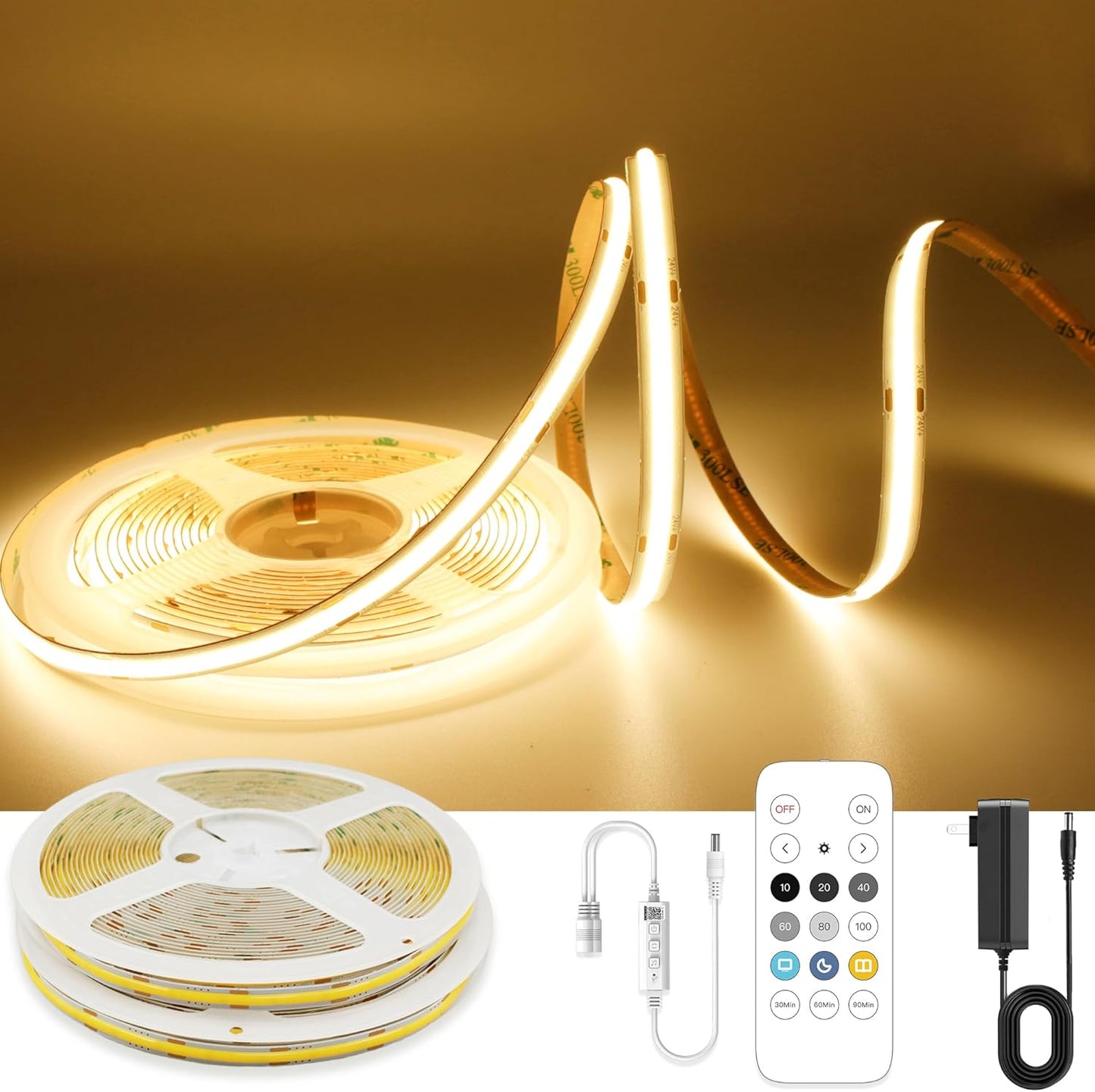 AXMOTUT 32.8ft COB LED Strip Light Warm White, High Bright LED Strips with 320LEDs, RF Remote and UL Power Supply, 3000K Dimmable LED Lights for Bedroom,Kitchen, DIY Home Decoration, 2 Rolls of 16.4ft