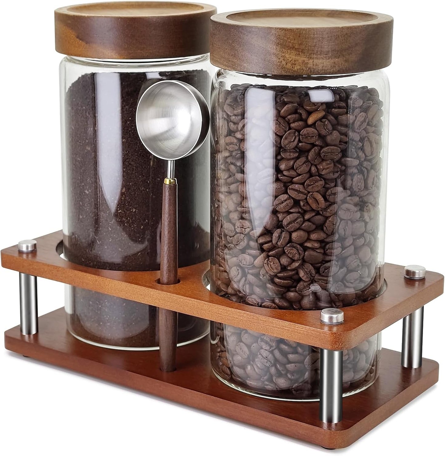 Venuekkuri Glass Coffee Grounds Container with Shelf, 2 × 45 oz Glass Coffee Canisters with Airtight Thread Lid, Glass Storage Jars with Stainless Steel Spoon for Coffee Bean, Sugar,Nut