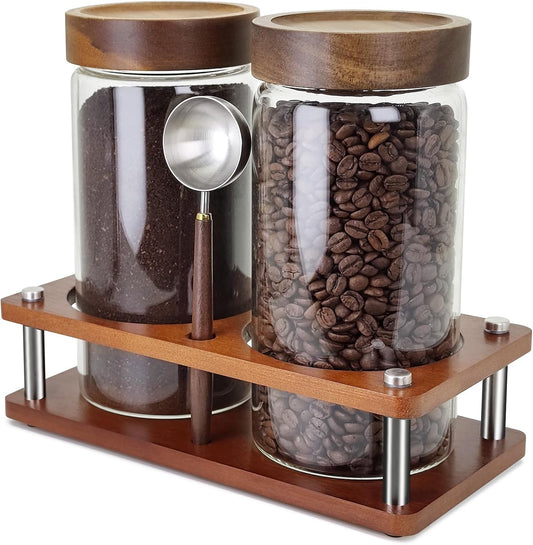 Venuekkuri Glass Coffee Grounds Container with Shelf, 2 × 45 oz Glass Coffee Canisters with Airtight Thread Lid, Glass Storage Jars with Stainless Steel Spoon for Coffee Bean, Sugar,Nut