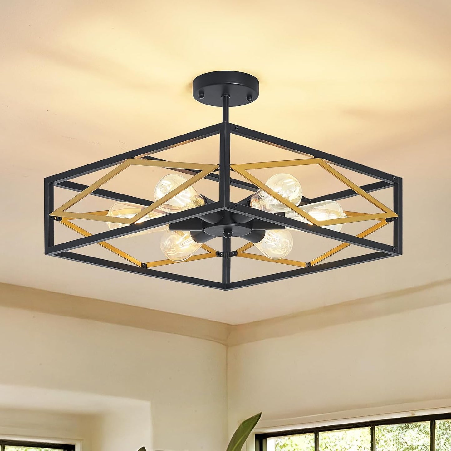 AIBISOD Semi Flush Mount Ceiling Chandelier Light Black and Gold Modern Industrial Lighting Fixture, 6-Light Farmhouse Close to Ceiling Light for Kitchen Island Bedroom Dining Room Foyer Hallway