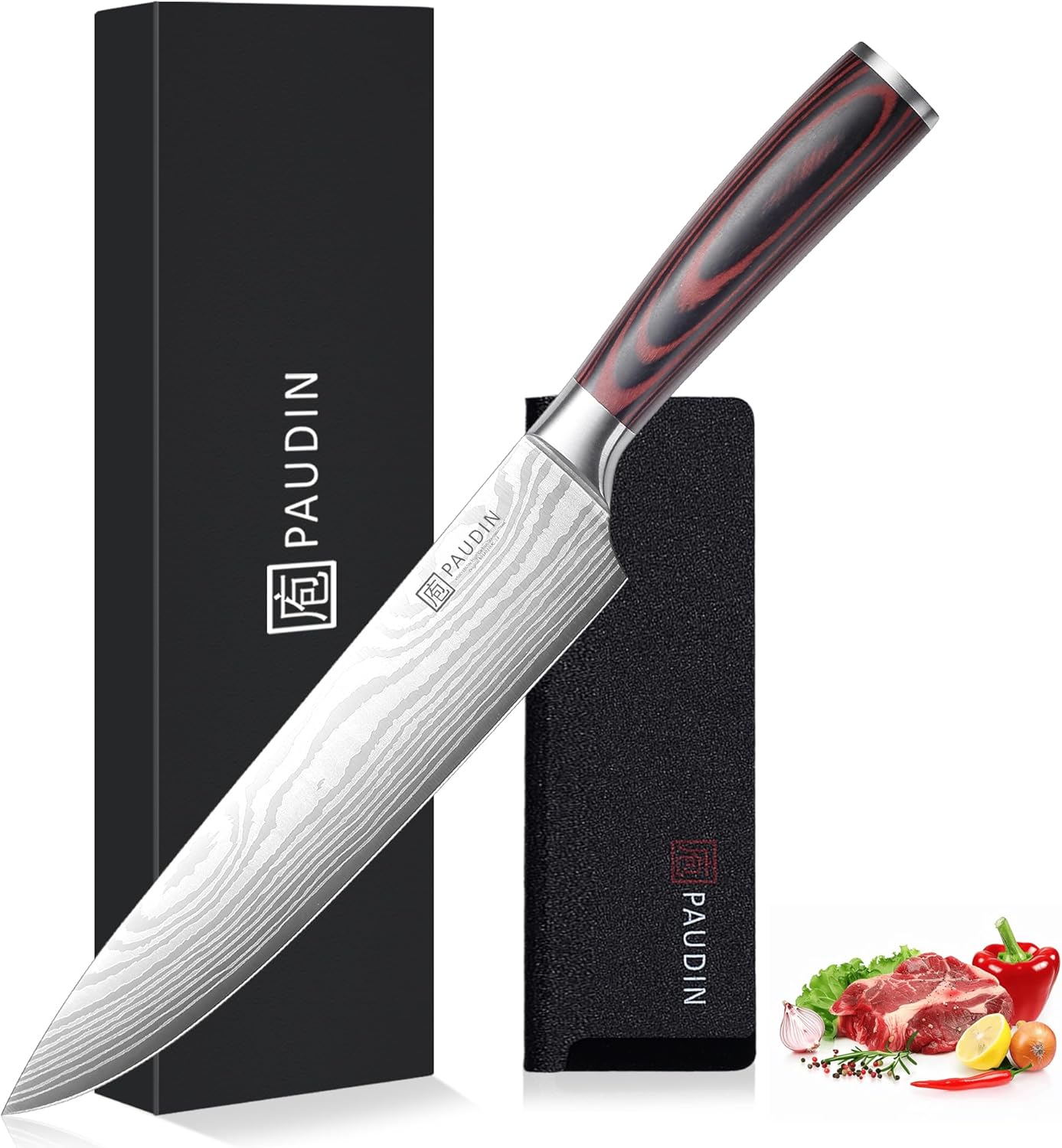 PAUDIN Chef Knife - 9 Inch Sharp Kitchen Knife with Sheath, High Carbon Stainless Steel Japanese cooking knives with Ergonomic Handle, Premium Gift Box
