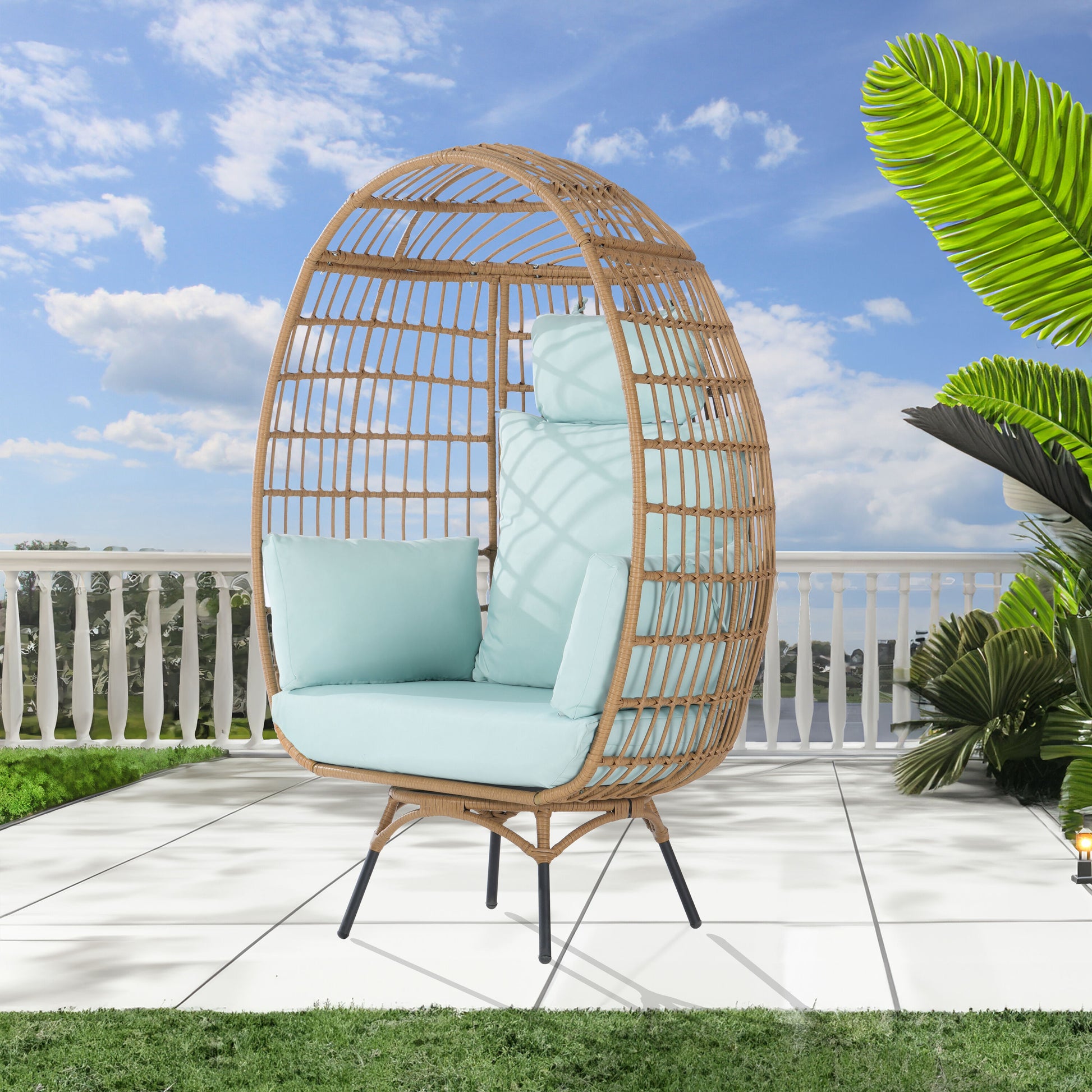 SANSTAR Patio Chairs Wicker Brown Wicker Frame Swivel Egg Chair with Blue Cushioned Seat