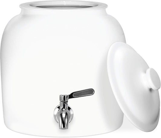 Geo Sports Porcelain Ceramic Crock Water Dispenser, Stainless Steel Faucet, Valve and Lid Included. Fits 3 to 5 Gallon Jugs. (Solid White)