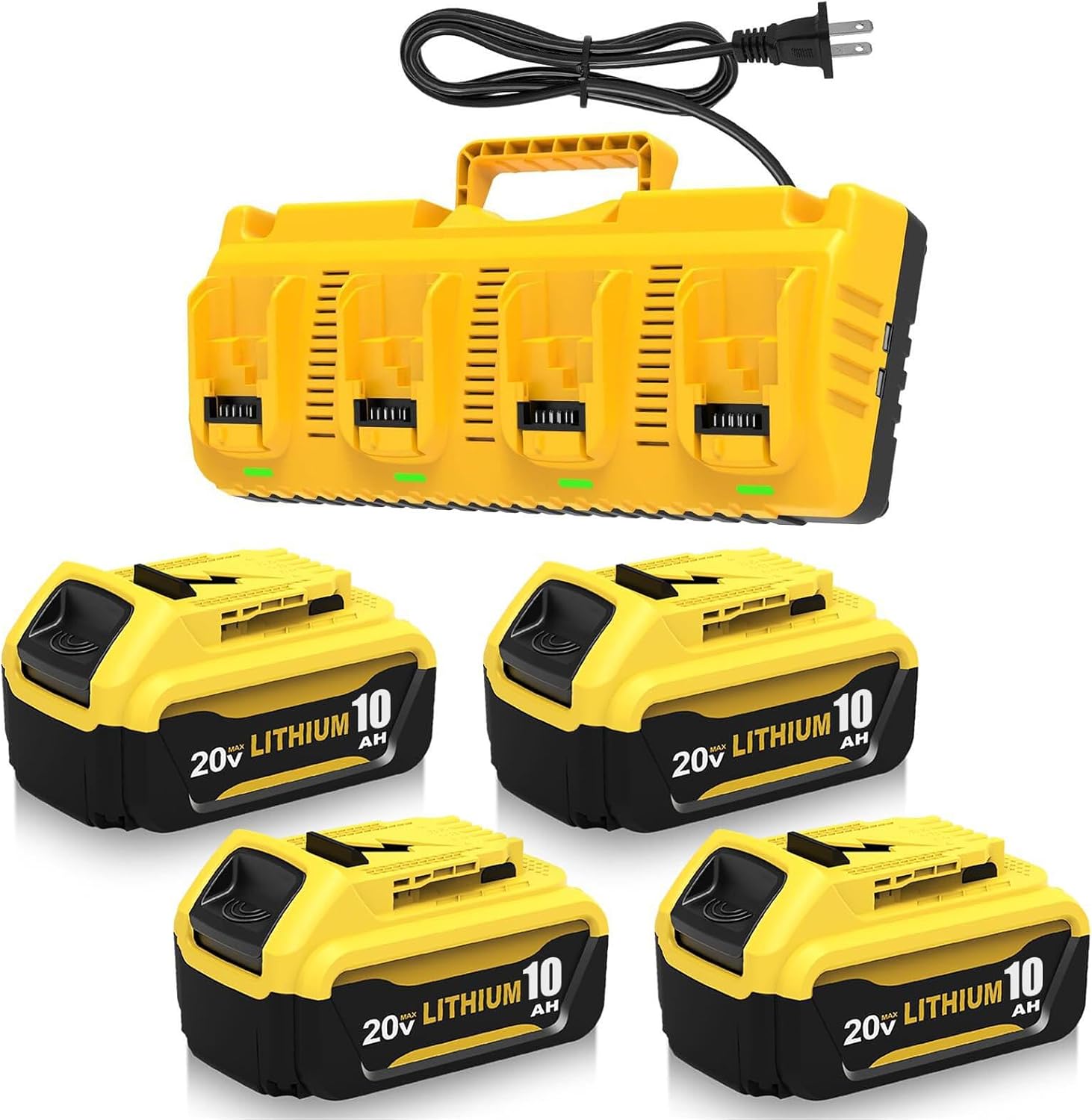4 Packs DCB206 10.0Ah Replacement for Dewalt 20V Battery and DCB104 4-Port Charger Compatible with Dewalt 20V Battery 10.0Ah Lithium Ion DCB207 DCB204 DCB200 DCB201 DCB203 Series Power Tool (Yellow)