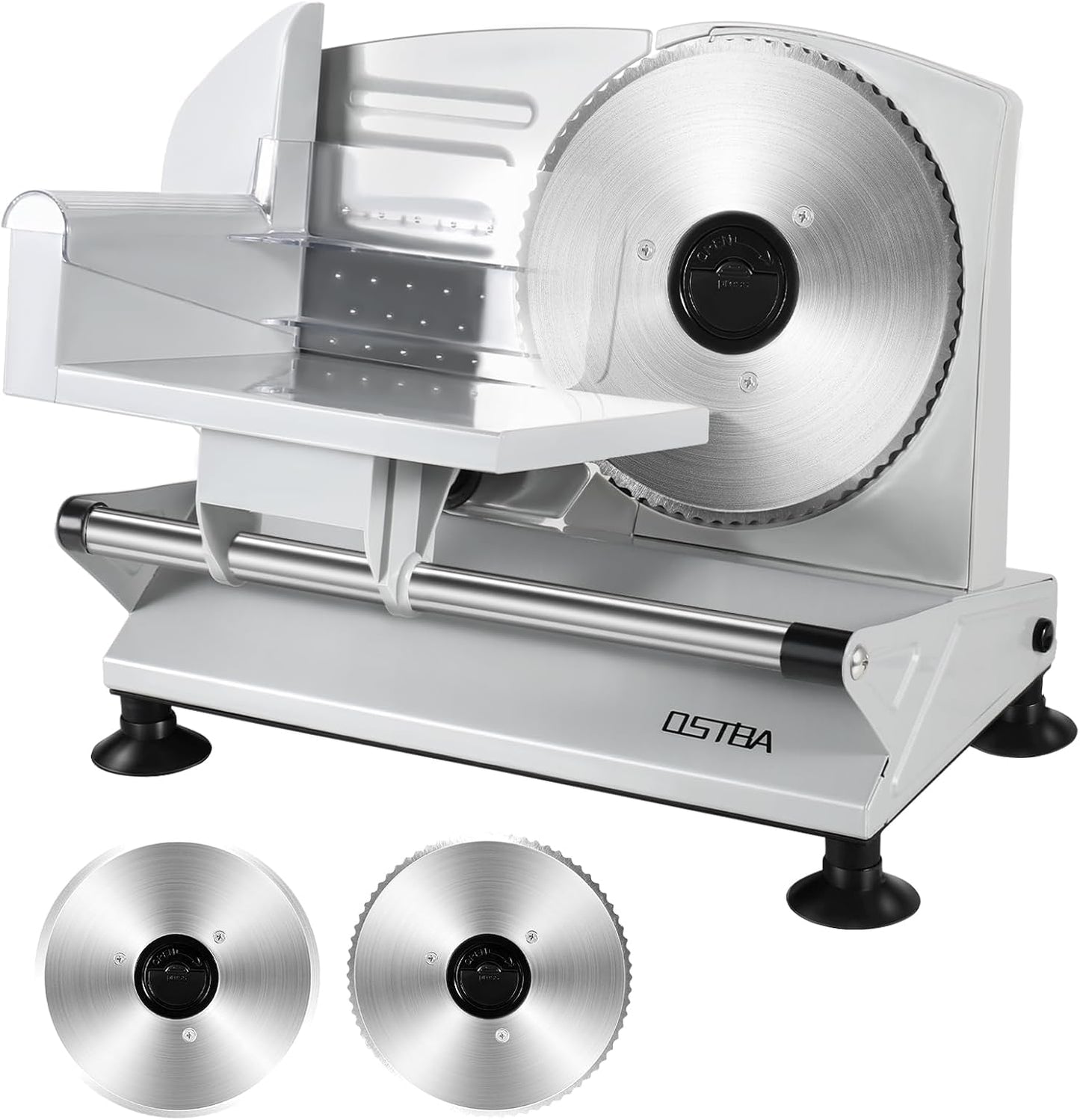 OSTBA Meat Slicer Machine, Two 6.7\u201D Removable Stainless Steel Blades and Food Carriage, 150W Electric Deli Food Slicer for Home Use, Easy to Clean, 0-15mm Adjustable Thickness for Meat, Cheese, Bread