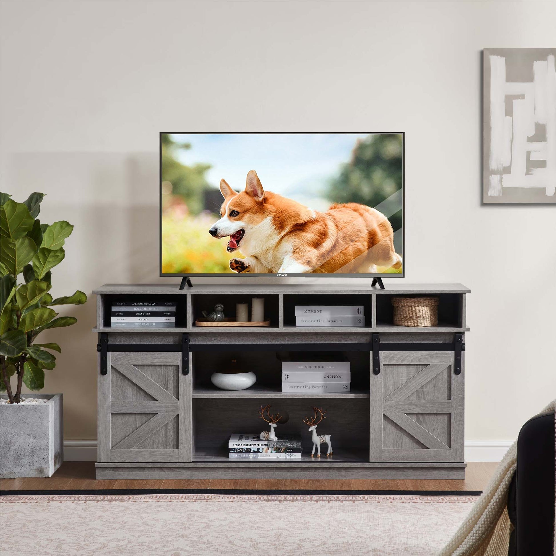 Fun Orange TV Stand Farmhouse/Rustic Gray 58-in W TV cabinet ( Accommodates TVs up to 65-in )