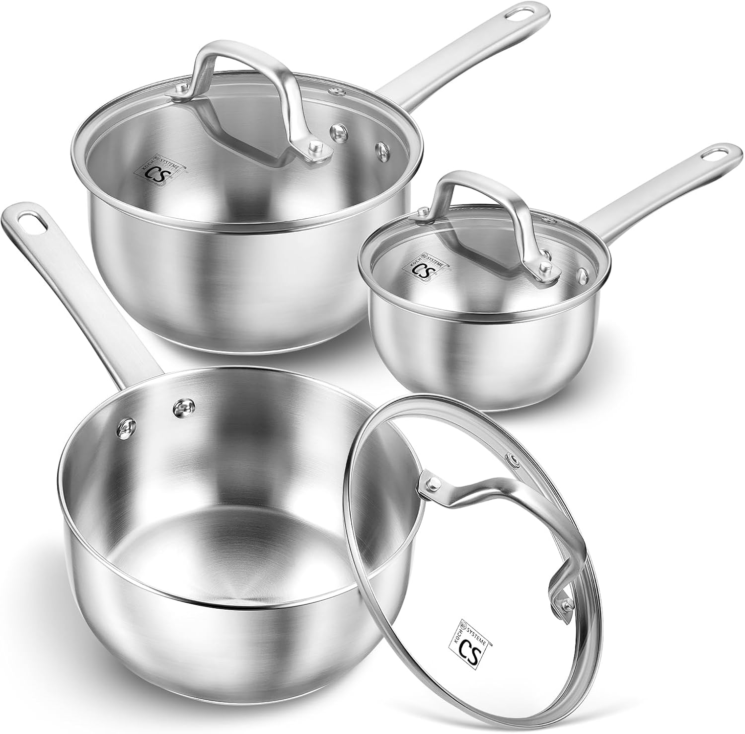 KOCH SYSTEME CS Stainless Steel Saucepan Set, 1QT & 2QT & 3QT Sauce Pan, Premium 18\/10 Steel Sauce Pan Set, Induction Saucepans, Stainless Steel Pot Set 6 Piece, Easy to Clean, Oven Safe