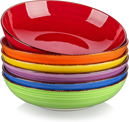 vancasso Bonita Pasta Bowls Set of 6, 38 oz Shallow Bowls, Ceramic Pasta Plates and Salad Bowls, Microwave & Dishwasher Safe Serving Bowls, Assorted Colors