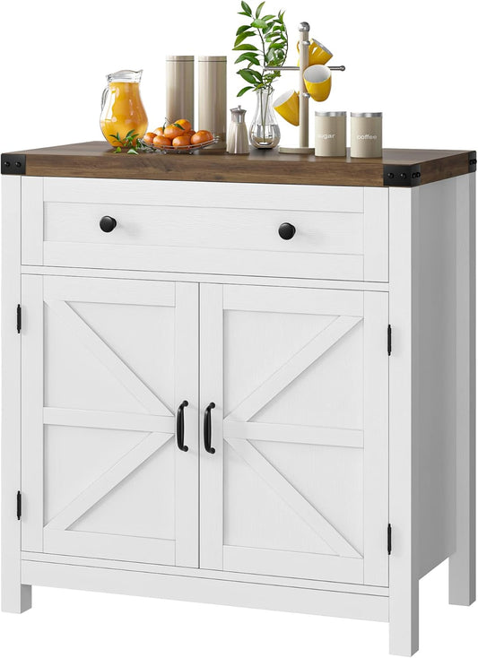 HOSTACK Coffee Bar Cabinet, Kitchen Storage Cabinet, Modern Farmhouse Buffet Sideboard with Drawer and Adjustable Shelf, Barn Door Accent Cabinets for Kitchen, Dining Room, Entryway, White