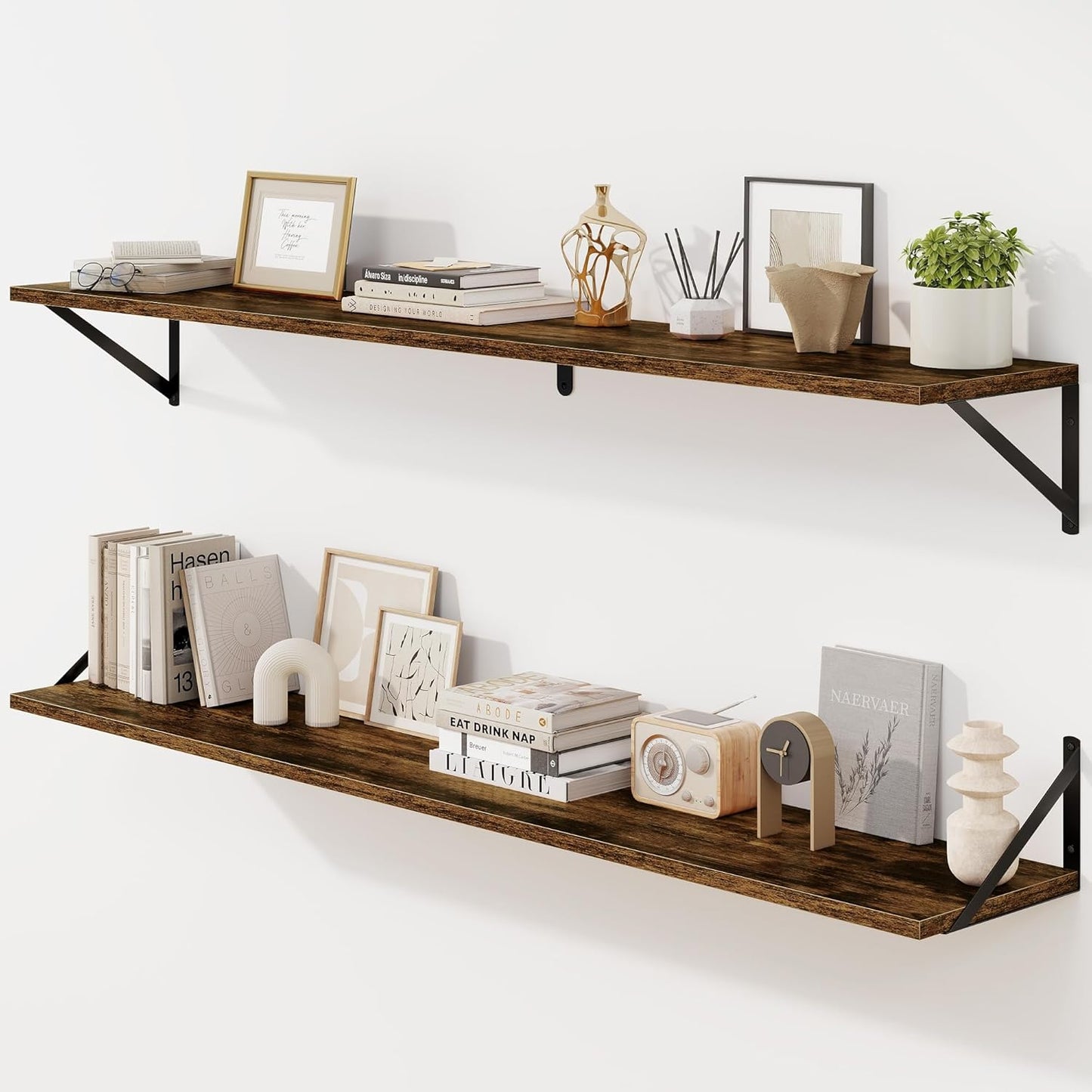 Fun Memories Deep Floating Shelves for Wall, 55W x 8D Wall Mounted Shelves Set of 2, Wide Display Ledge Shelf with Sturdy Metal Brackets for Living Room, Bathroom, Bedroom and Kitchen, Rustic Brown