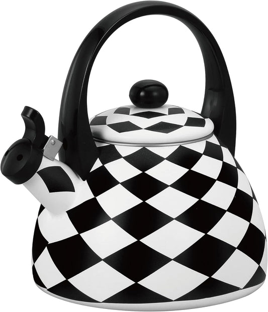 Whistling Tea Kettle for Stove Top Enamel on Steel Teakettle, Supreme Housewares Harlequin Pattern Tea Kettle Cute Kitchen Accessories Teteras (2.4 Quart, Black and White Diamond Check)