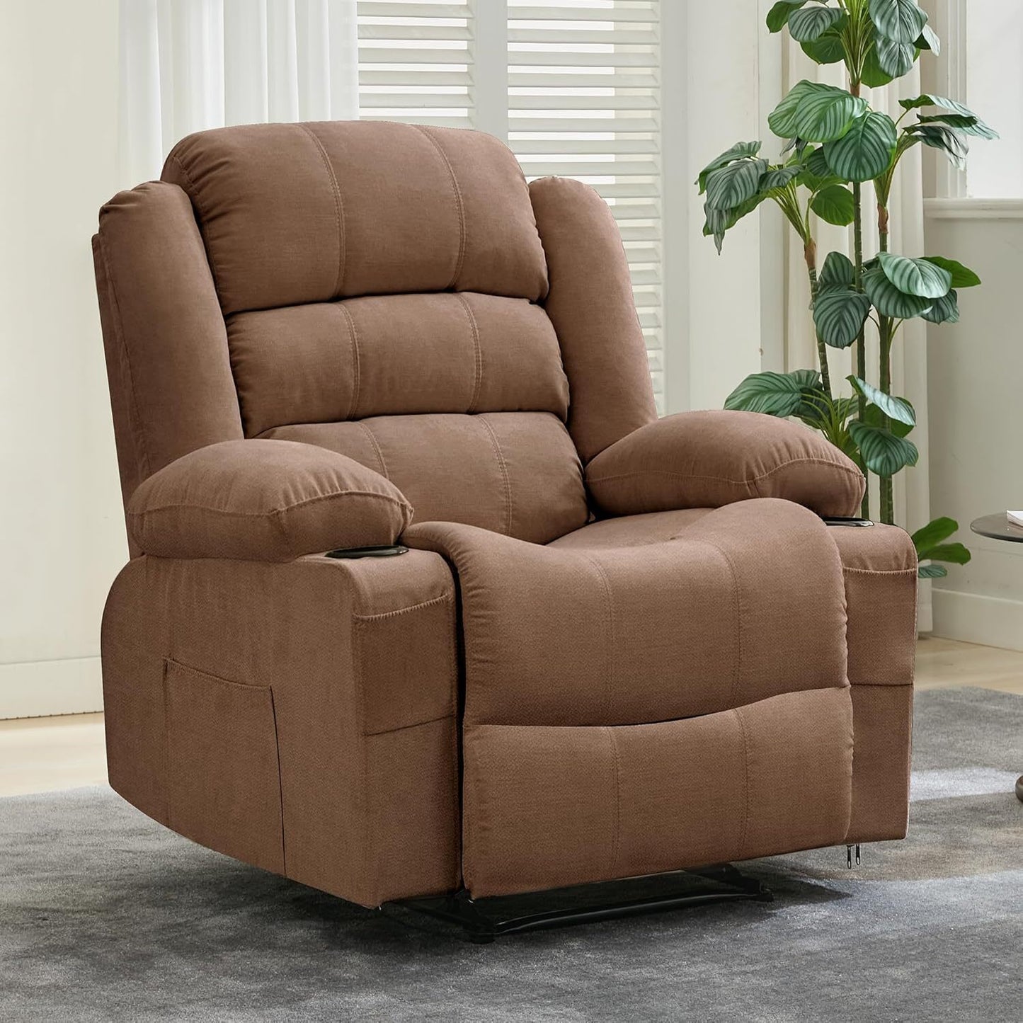 WhizMax Manual Recliner Chair with Massage and Heat, with 2 Cup Holders, Side Pockets, Remote Control,Brown