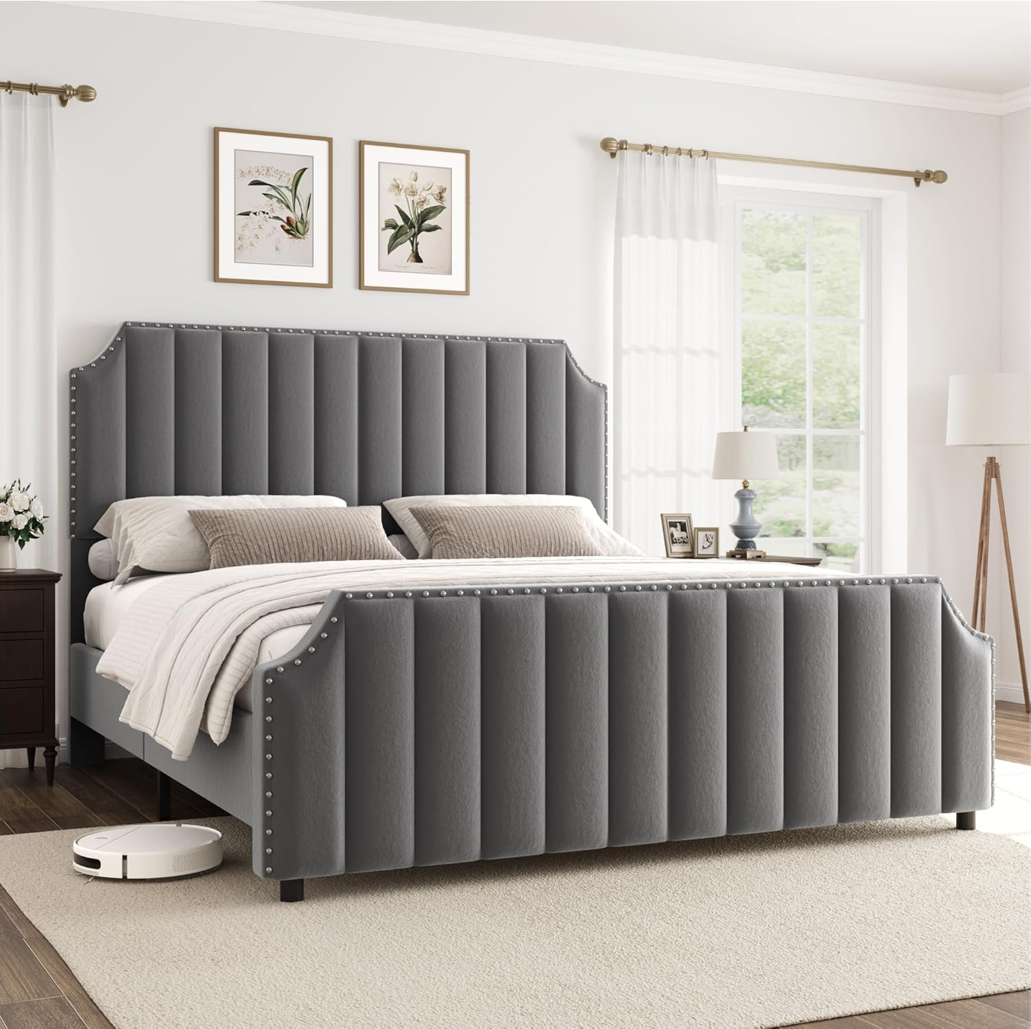 Qeetex King Size Platform Bed Frame with Vertical Channel Tufted Headboard Footboard Nailhead Trim No Box Spring Needed Grey