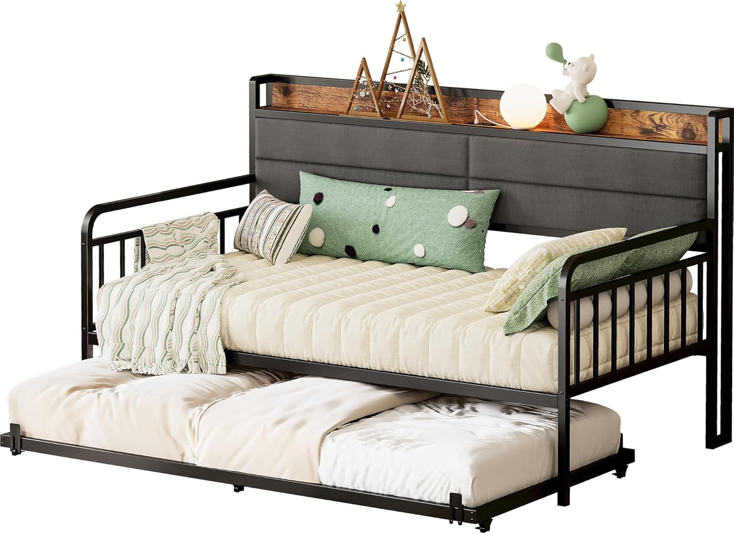 Likimio 38.9-in W Black Twin XL Size Bed Frame with Upholstered Headboard and Charging Station