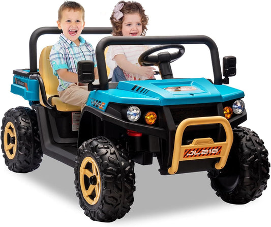 Qeetex 24V 2 Seater Ride On Dump Truck Battery Powered UTV for Kids Ride On Car Toys with Remote Control EVA Tires 4WD Electric Vehicle with Headlights for Boys and Girls Blue