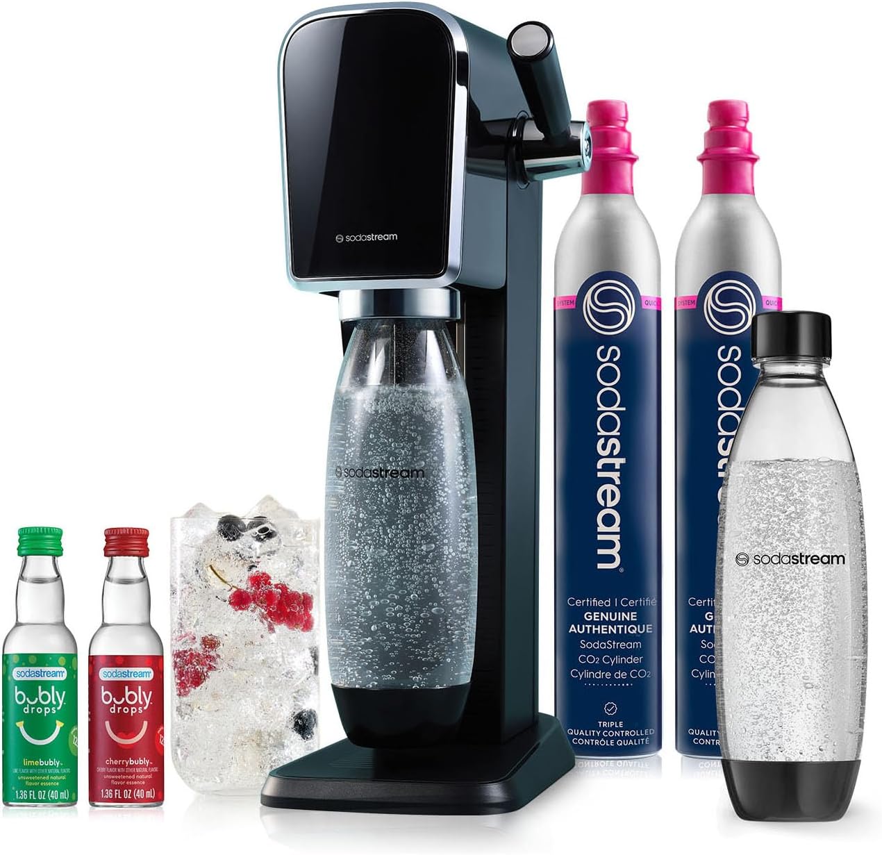 SodaStream - ART Sparkling Water Maker | VALUE BUNDLE | CQC CO2 system | Includes 2x CO2 Cylinders, 2x 32 Fl Oz Dishwasher Safe Bottles, 2x Bubly Flavor Drops | Combine with Pepsi Flavors | Black