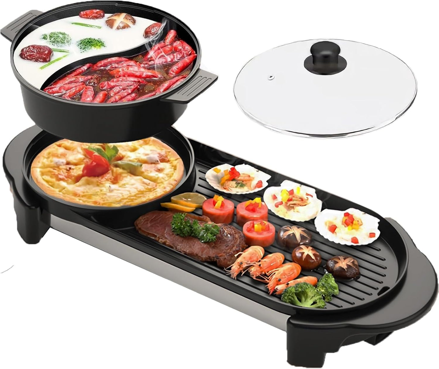 Hot Pot with Grill, Electric Hot Pot 2 in 1 Shabu Shabu Hot Pot Korean BBQ Grill, Removable Hotpot Pot 1200W \/ Large Capacity Baking Tray, Separate Temperature Control, Electric Grill for 2-12 People