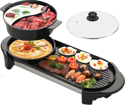 Hot Pot with Grill, Electric Hot Pot 2 in 1 Shabu Shabu Hot Pot Korean BBQ Grill, Removable Hotpot Pot 1200W \/ Large Capacity Baking Tray, Separate Temperature Control, Electric Grill for 2-12 People