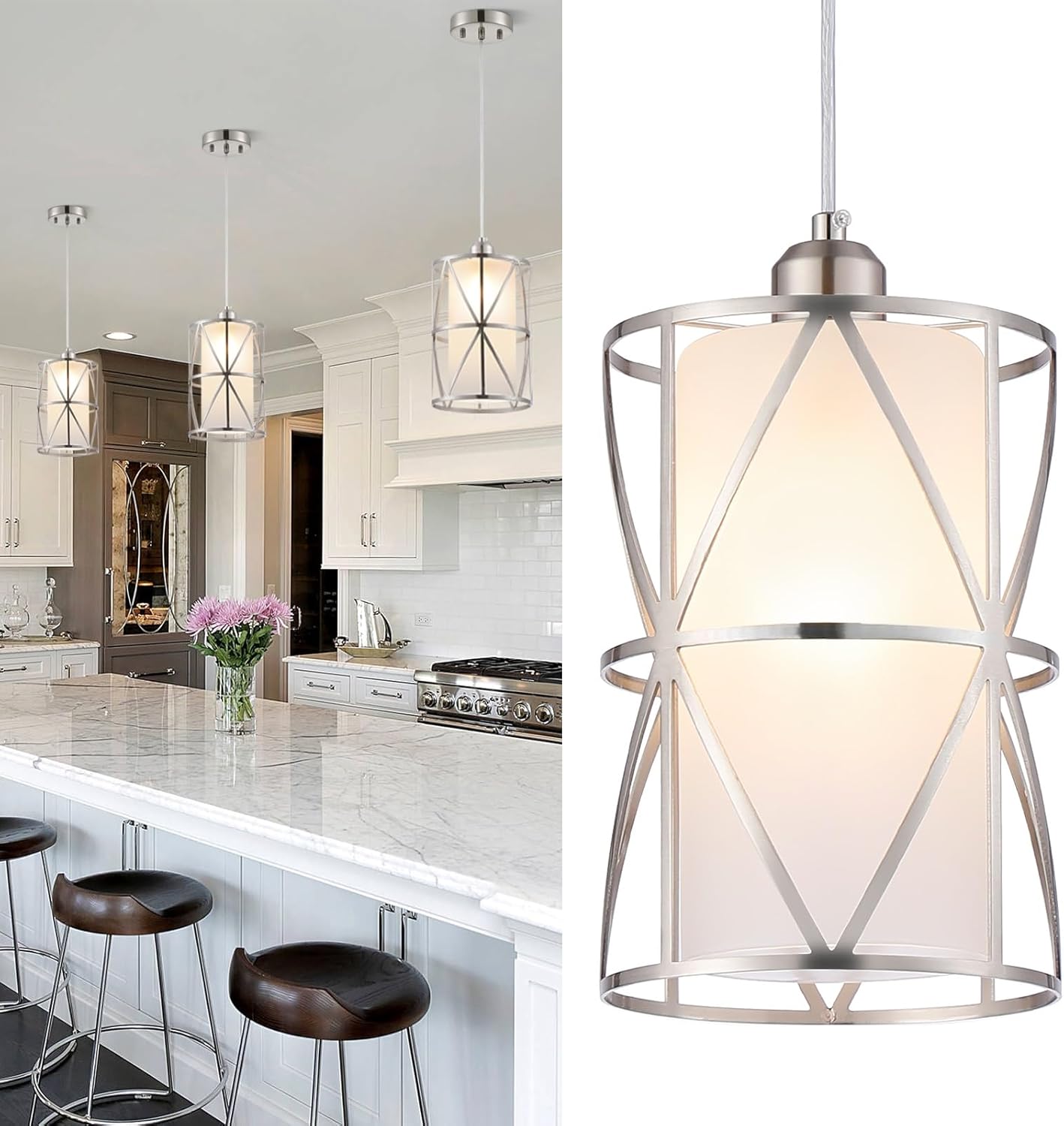 Zlierop Pendant Lights Kitchen Island with Frosted Glass, Brushed Nickel Hanging Kitchen Lights, Cylindrical Modern Pendant Light, Kitchen Pendant Lighting Over Island, Foyer, Dining Room, Entryway