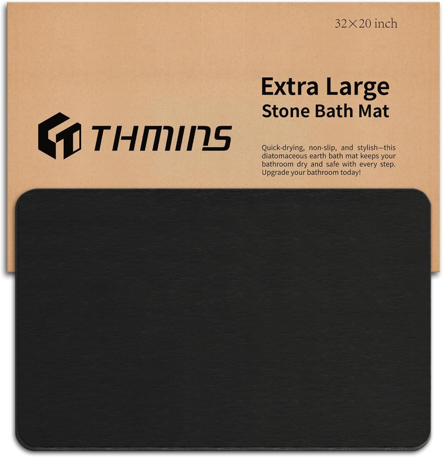 THMINS Black Stone Bath Mat, 32''x20'' Non-Slip Diatomaceous Earth Stone Bath Mat, Super Absorbent Quick Drying for Bathroom\/Kitchen, Easy to Clean