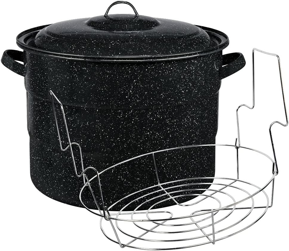 Granite Ware Canning Pot with Rack & Lid - 21 Quart Large Boiling Water Canning Set for Jar Sterilization & Pickling on Stove\/Open Flame \u2013 Scratch-Resistant Porcelain Enamel & Steel Core (Black)