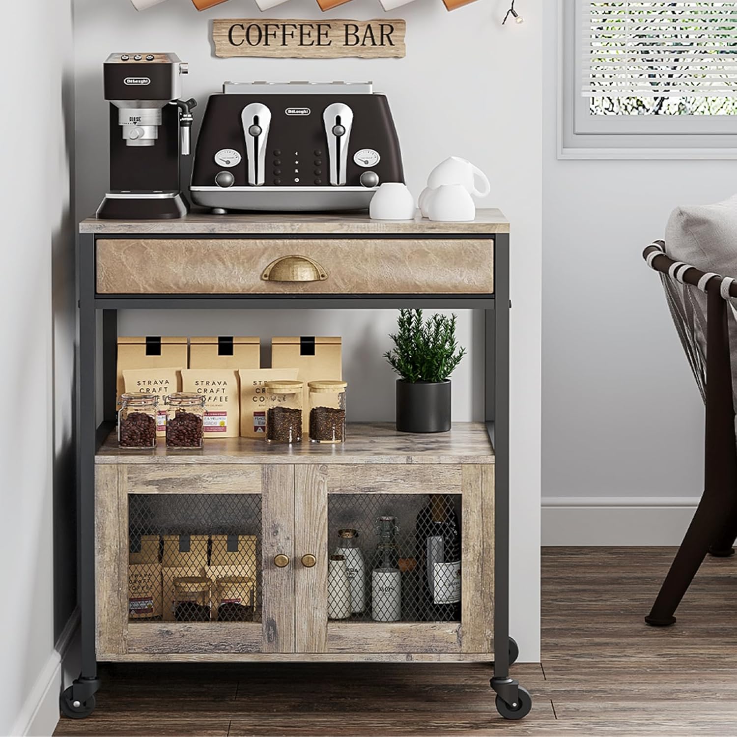 X-cosrack Coffee Bar Cabinet，3 Tiers Kitchen Coffee Cart with Drawer for The Home, Movable Farmhouse Ktichen Station Table on Wheels for Living Room, Entryway, Dining Room, Kitchen