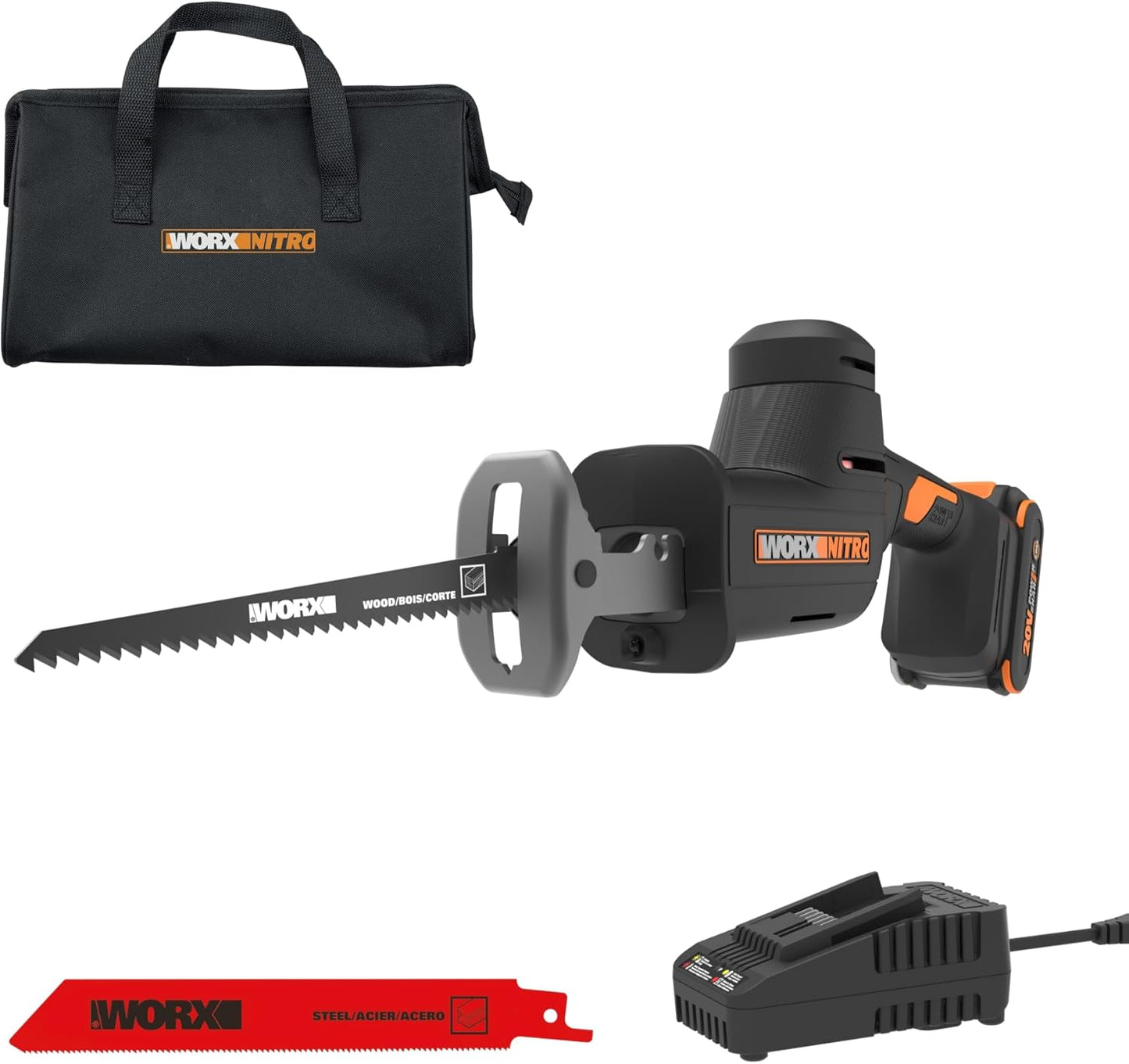 WORX 20V Compact Electric Cordless Reciprocating Saw, 1\u201D Stroke Length, Brushless Motor for 50% Longer Runtime, Lightweight Design for One-handed Operation \u2013Battery & Charger Included WX501L