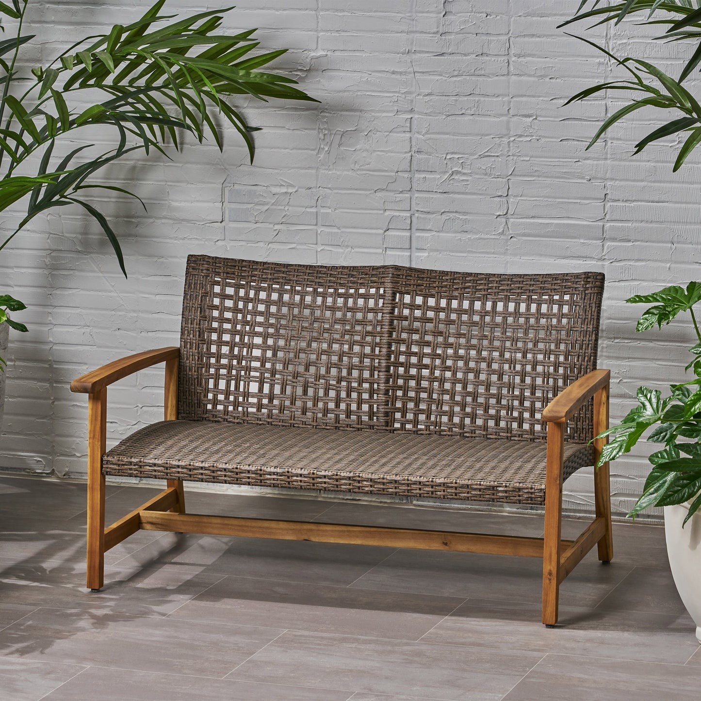 ModernLuxe HAMPTON WOOD + WICKER LOVESEAT Wicker Outdoor Loveseat with and Wood Frame
