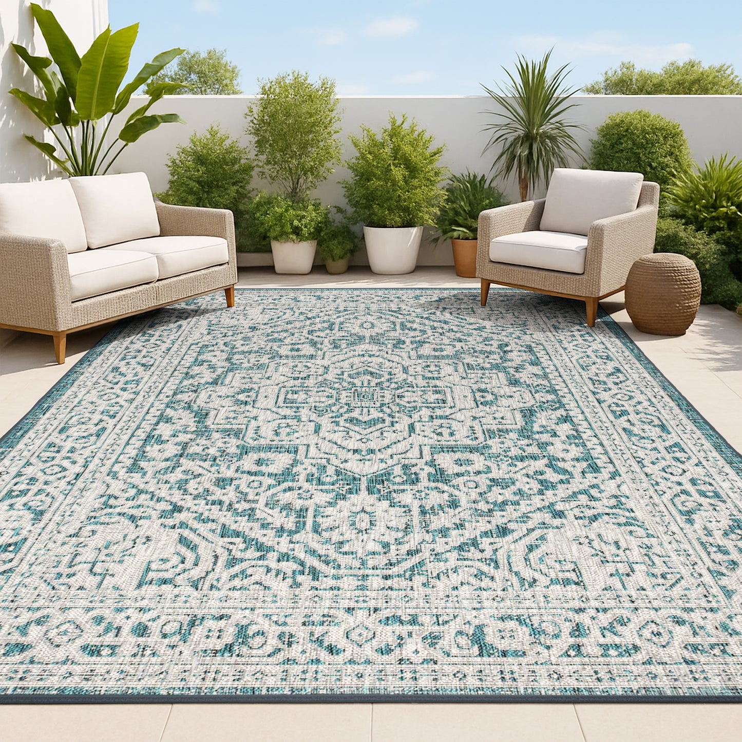 JONATHAN  Y SANTA MONICA Sinjuri Medallion Textured Weave 10 x 14 (ft) Loomed Teal Blue/Gray Rectangular Indoor/Outdoor Medallion Vintage Pet Friendly Area rug