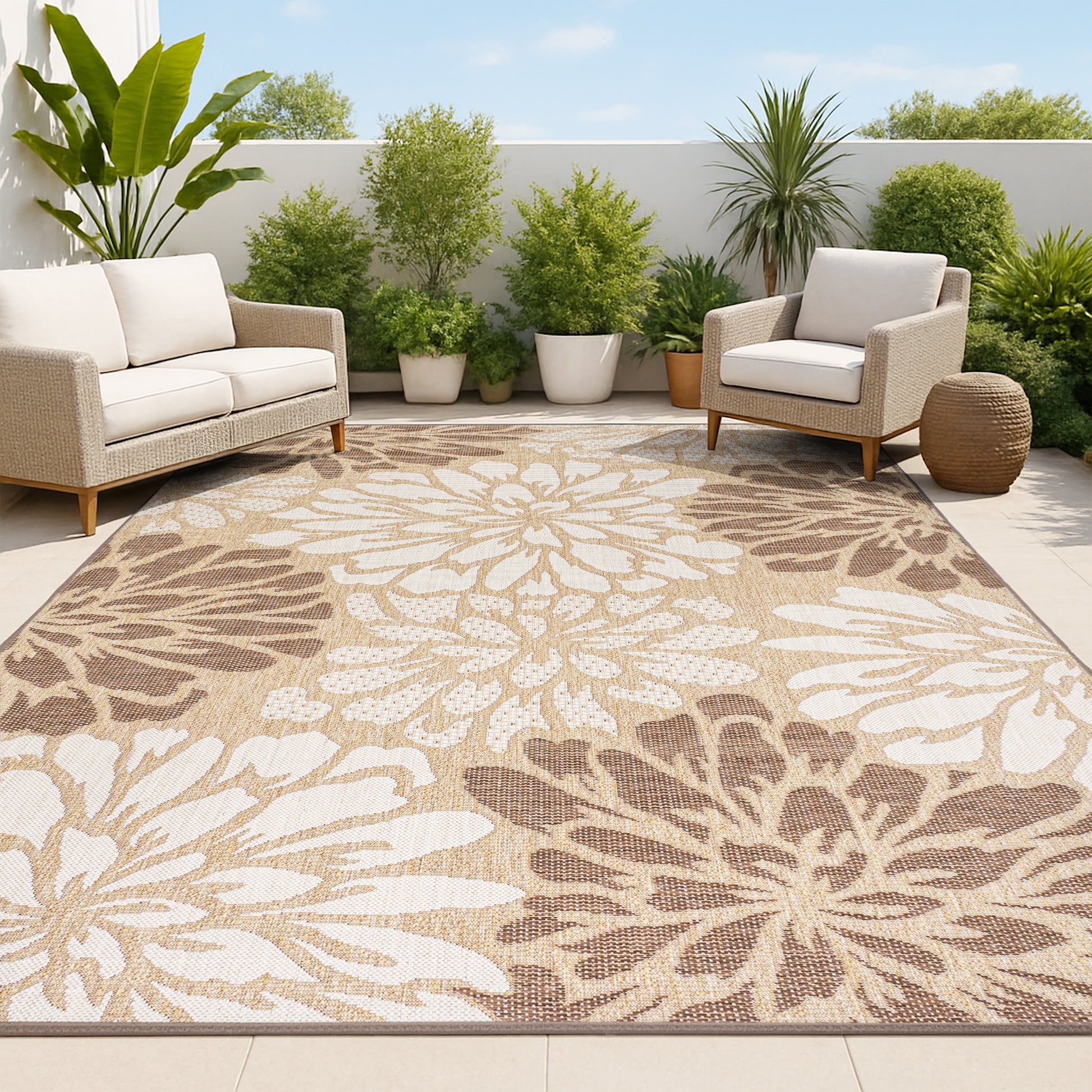 JONATHAN  Y SANTA MONICA Zinnia Modern Floral Textured Weave 10 x 14 (ft) Loomed Polypropylene Brown/Cream Rectangular Indoor/Outdoor Floral/Botanical Bohemian/Eclectic House Wahable Pet Friendly Area rug