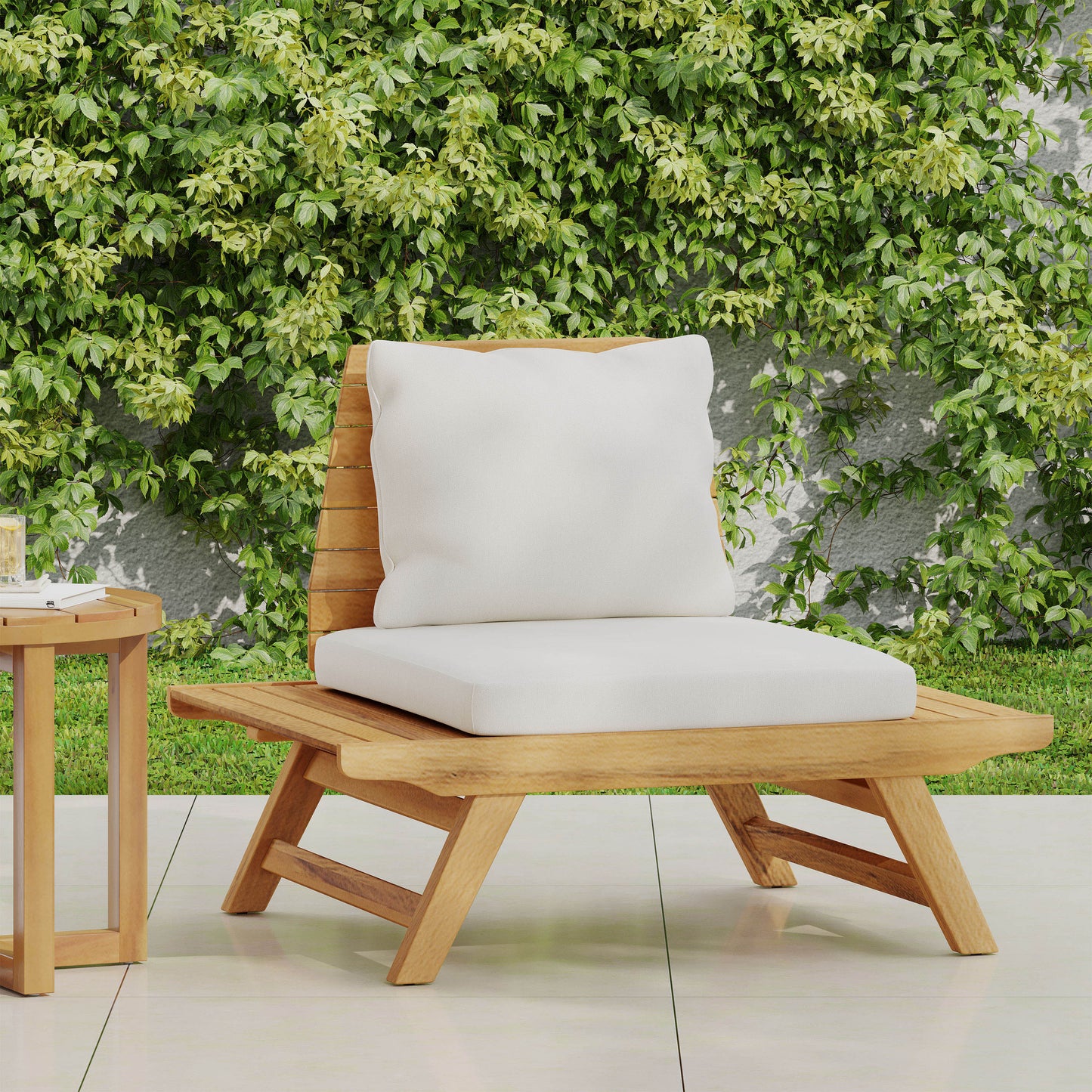 ModernLuxe SEDONA CLUB CHAIR Teak Wood Frame Stationary Conversation Chair with Off-white Cushioned Seat