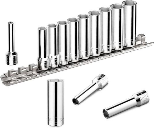 SK Tools USA 1/4"Drive Socket Set, Deep Metric Sockets, 13-Piece 4-15mm, SuperKrome Finish, Premium CR-V Construction, 6 Point , with Storage Rail