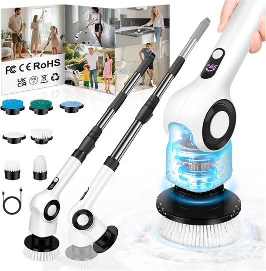 Electric Spin Scrubber, Cordless Power Shower Scrubber with 7 Scrub Brush, 3 Speeds, Adjustable Extension Handle, IPX7 Waterproof Electric Cleaning Brush for Bathroom Tub Tile Kitchen Car- White