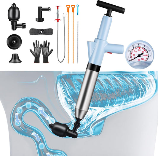 WOHPW Toilet Plunger, High Pressure Toilet Plunger Toilet Auger Air with Real-Time Barometer for Bathroom, Sinks, Kitchen, Heavy Duty Drain Unclogger - Powerful Toilet Snake Drain Clog Remover Tool