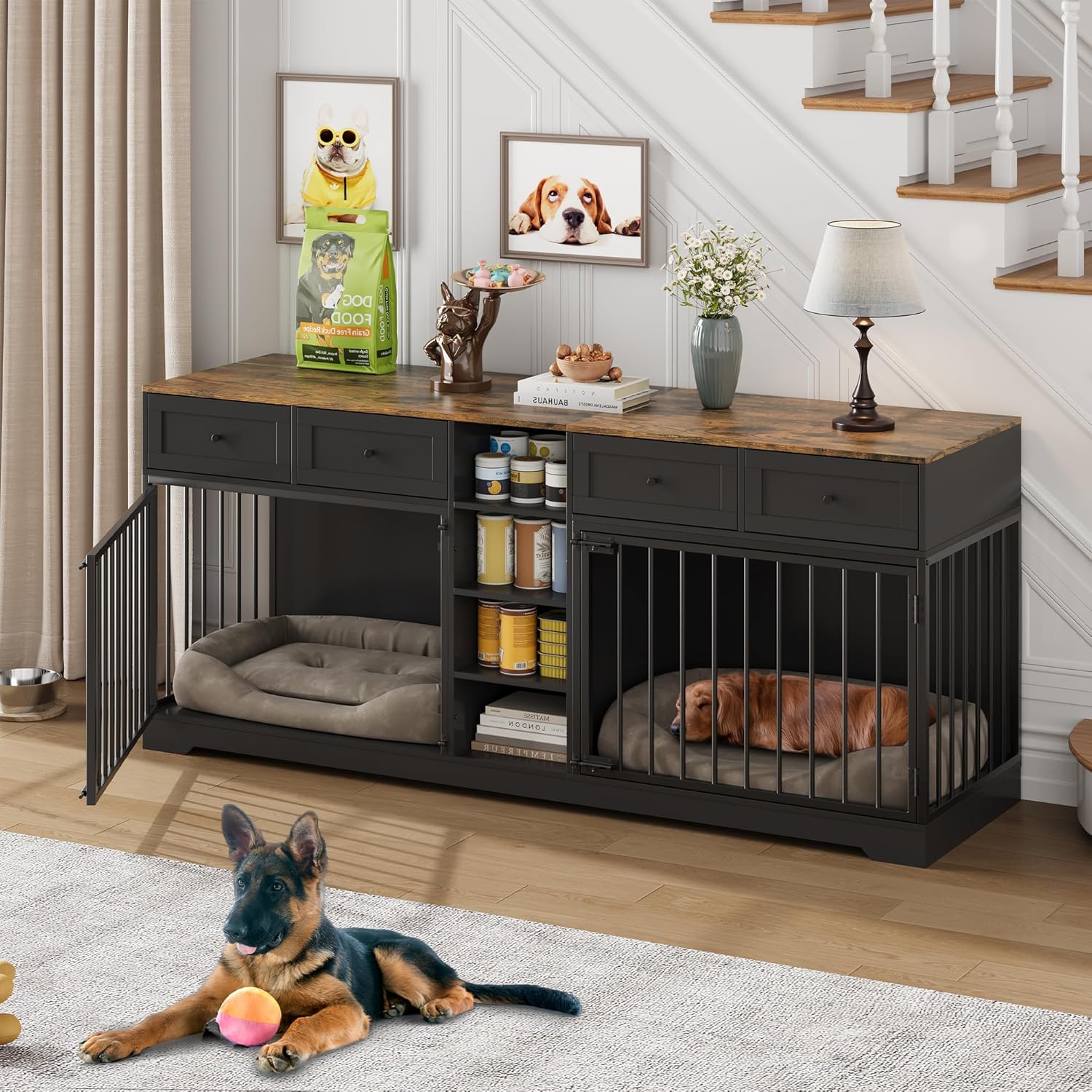 Qeetex 82 Inch Large Dog Crate Furniture for 2 Dogs 4 Drawers Shelves Double Kennel TV Stand Black