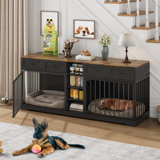 Qeetex 82 Inch Large Dog Crate Furniture for 2 Dogs 4 Drawers Shelves Double Kennel TV Stand Black